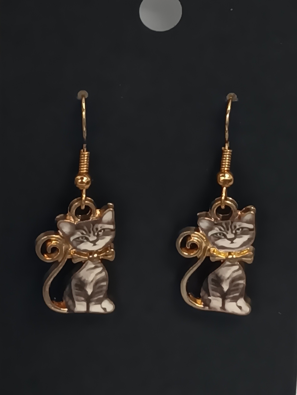 Handmade Sitting Grey and White Tabby Cat with Bow Tie Dangle/Drop Earrings
